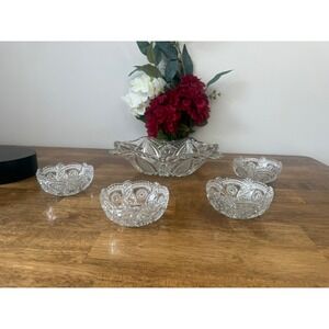 Vintage Pressed Glass Serving Bowl Set Berry Dessert Bowls Starburst Pattern